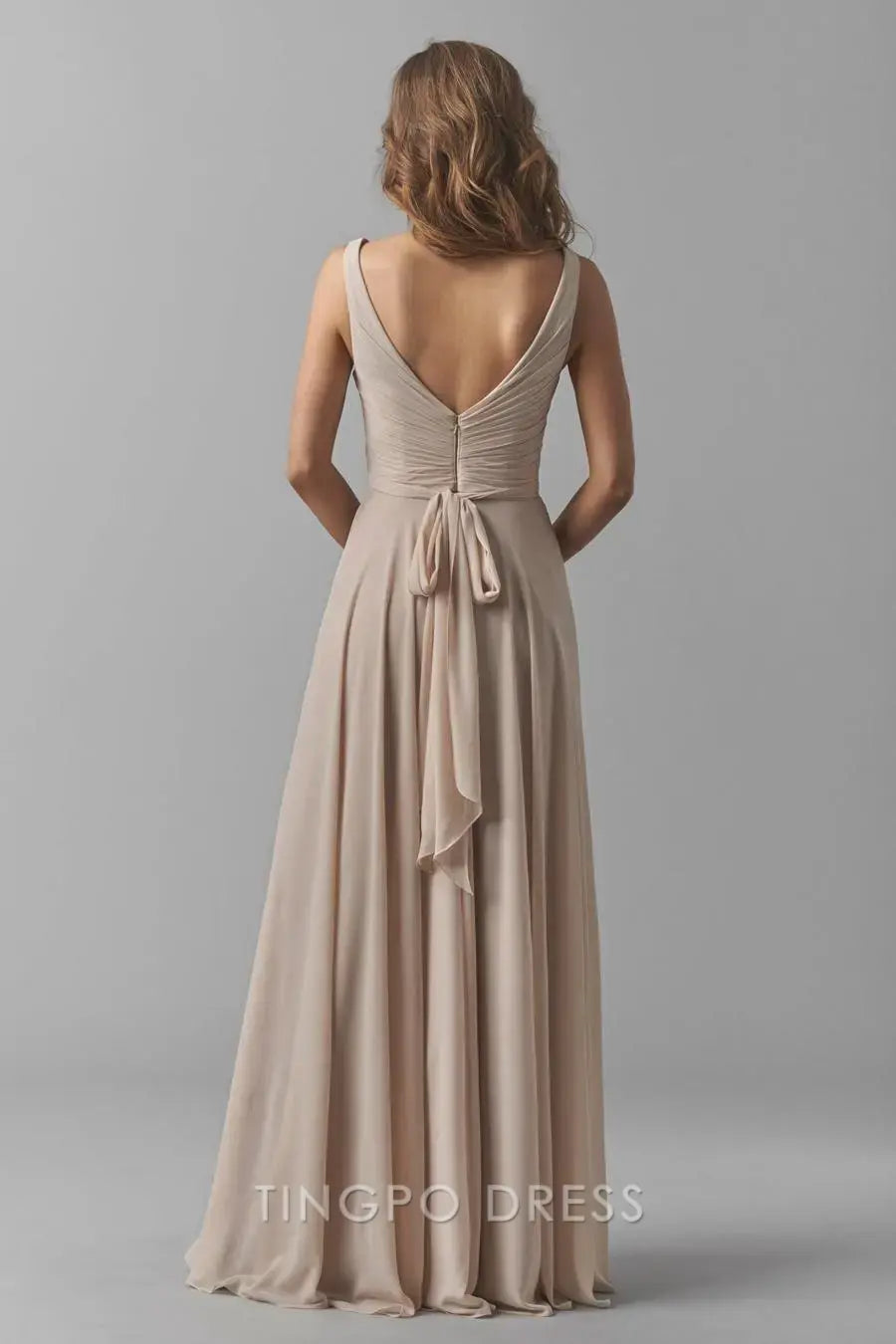 TingPo Wholesale Elegant Nude Deep V Dress - Sleeveless Wrap - Style Maxi Evening Gown
